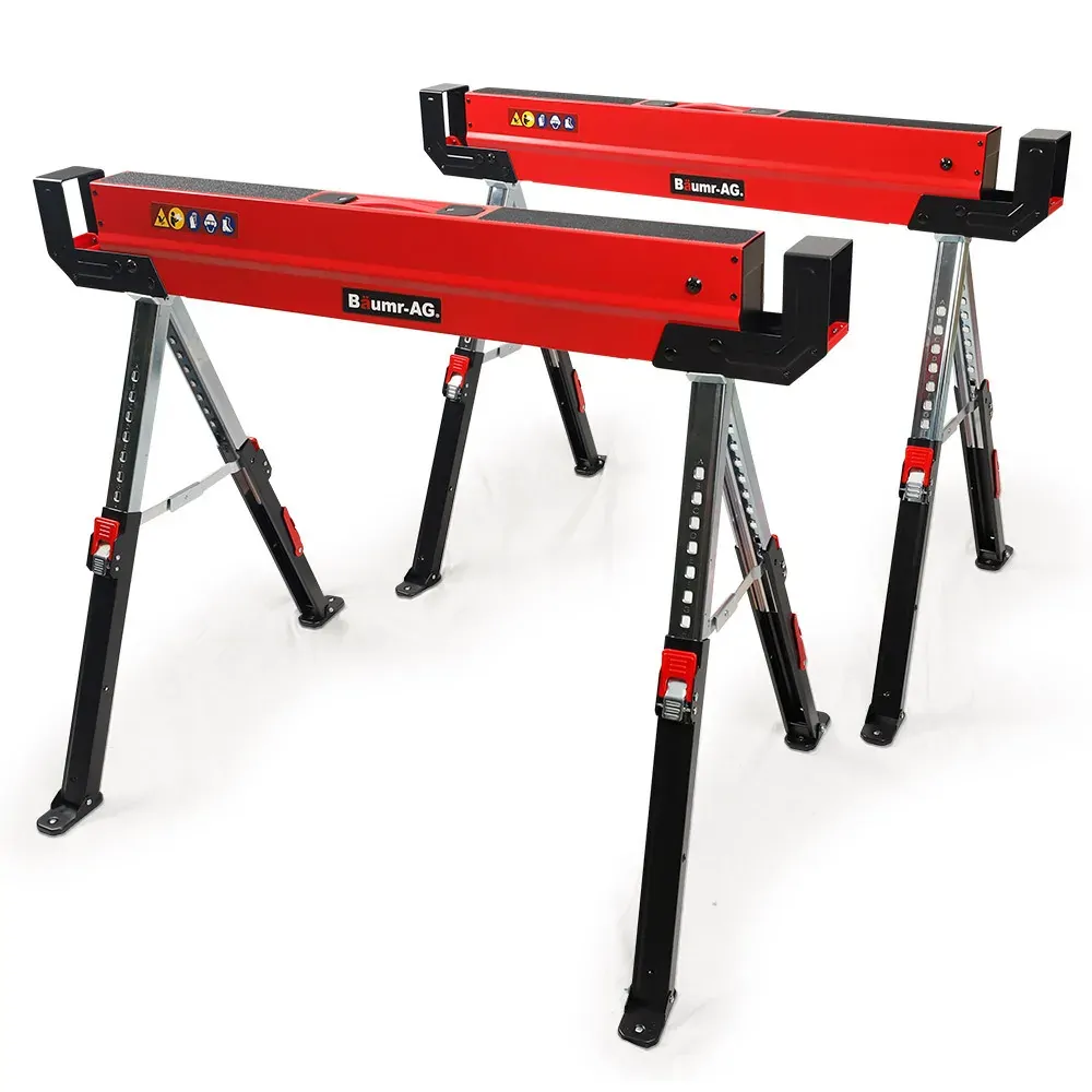 BAUMR-AG 2 x Steel Saw Horse, Folding Height Adjustable Sawhorse, 1180kg Capacity, 2x4 Support Arms BAUMR-AG 2 x Steel Saw Horse, Folding Height Adjustable Sawhorse, 1180kg Capacity, 2x4 Support Arms