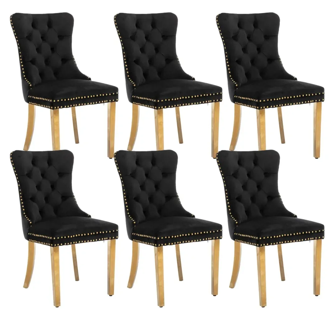 6x Velvet Dining Chairs with Golden Metal Legs-Black 6x Velvet Dining Chairs with Golden Metal Legs-Black