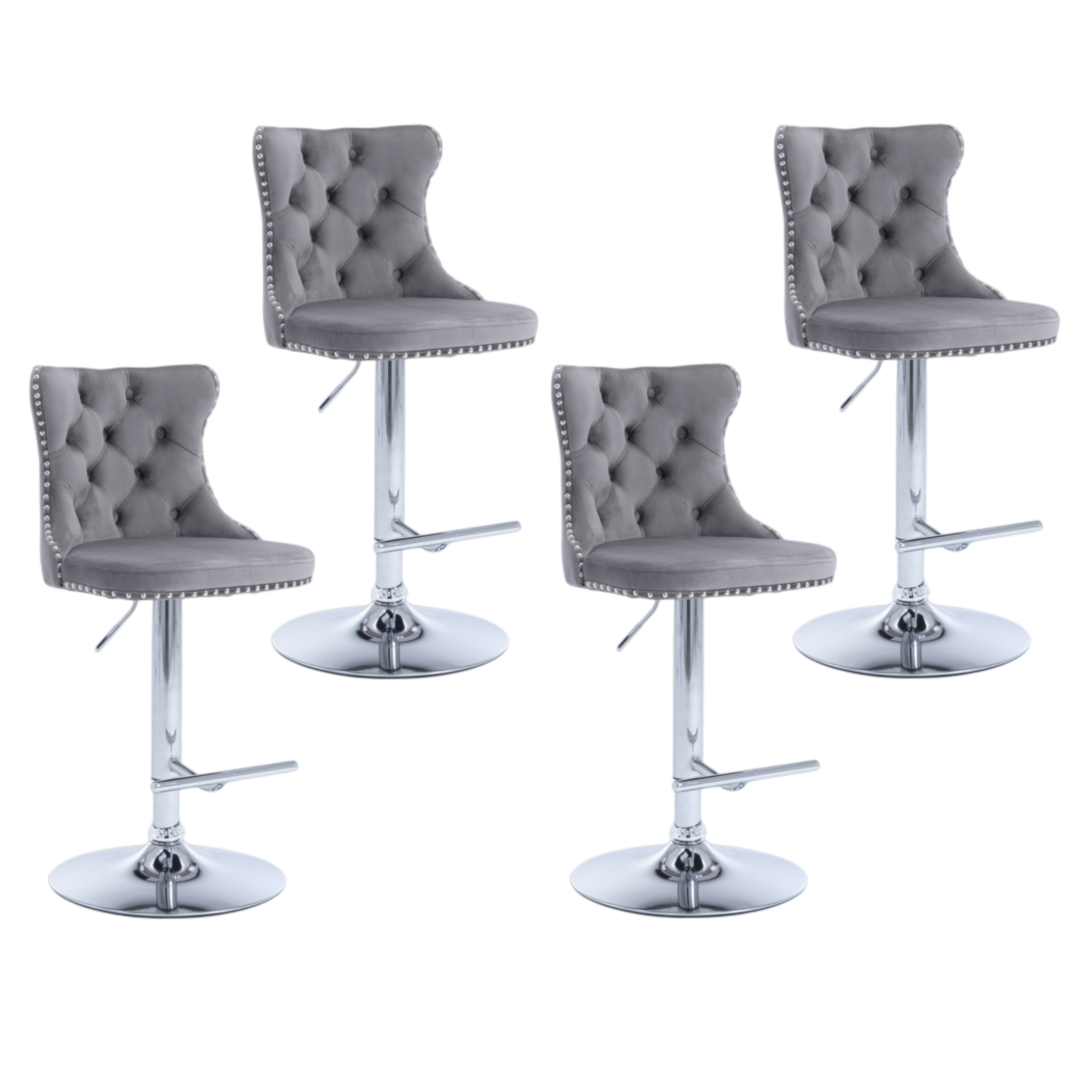 4x Height Adjustable Swivel Bar Stool Velvet Stud Barstool with Footrest and Chromed Base- Gray 4x Height Adjustable Swivel Bar Stool Velvet Stud Barstool with Footrest and Chromed Base- Gray