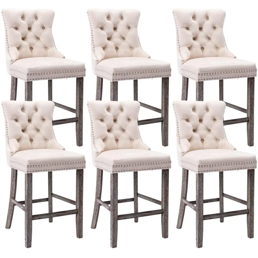6X Velvet Bar Stools with Studs Trim Wooden Legs Tufted Dining Chairs Kitchen 6X Velvet Bar Stools with Studs Trim Wooden Legs Tufted Dining Chairs Kitchen