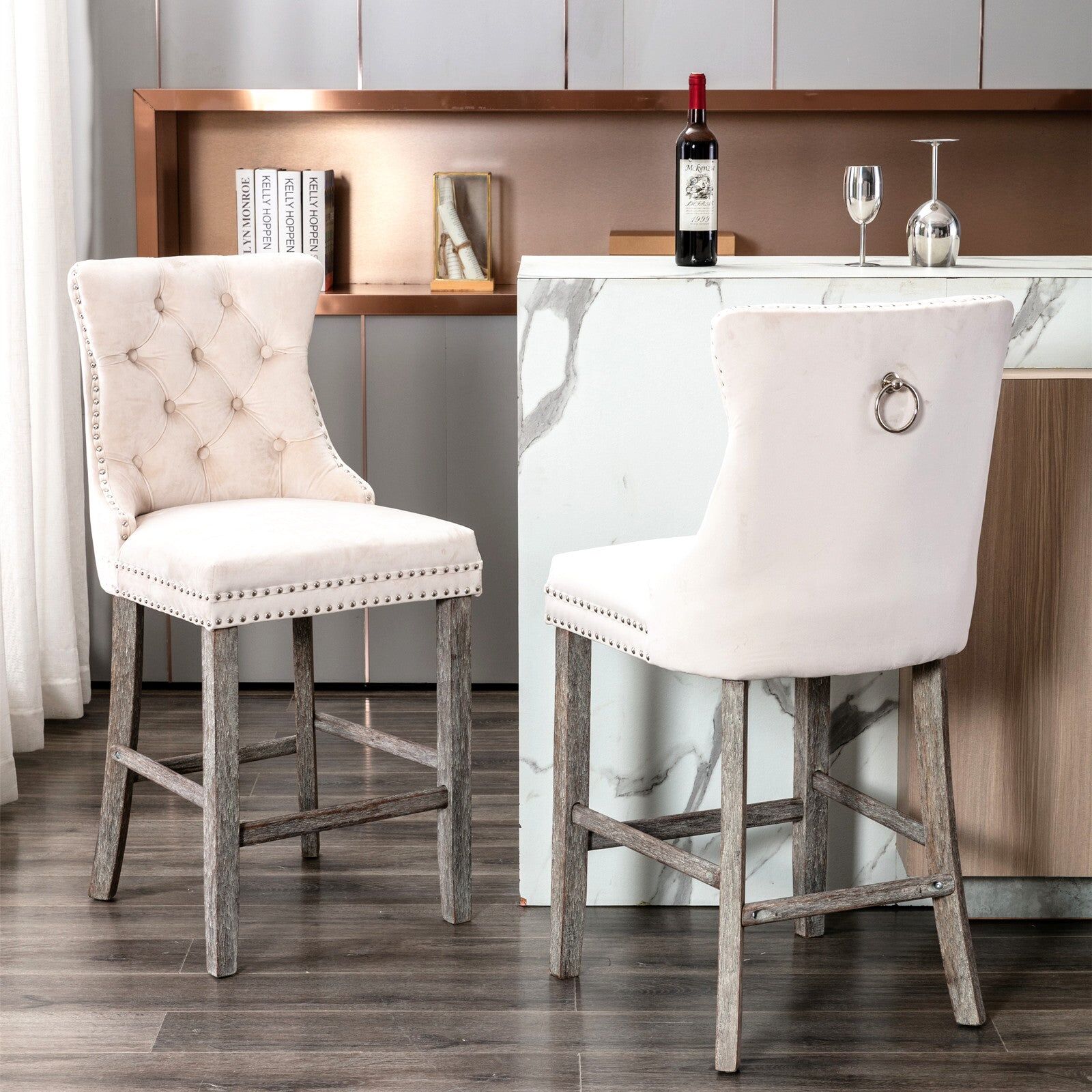 2X Velvet Bar Stools with Studs Trim Wooden Legs Tufted Dining Chairs Kitchen 2X Velvet Bar Stools with Studs Trim Wooden Legs Tufted Dining Chairs Kitchen