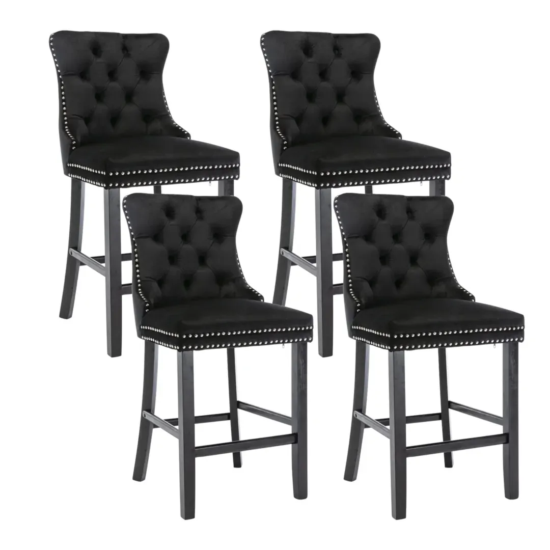 4X Velvet Bar Stools with Studs Trim Wooden Legs Tufted Dining Chairs Kitchen 4X Velvet Bar Stools with Studs Trim Wooden Legs Tufted Dining Chairs Kitchen