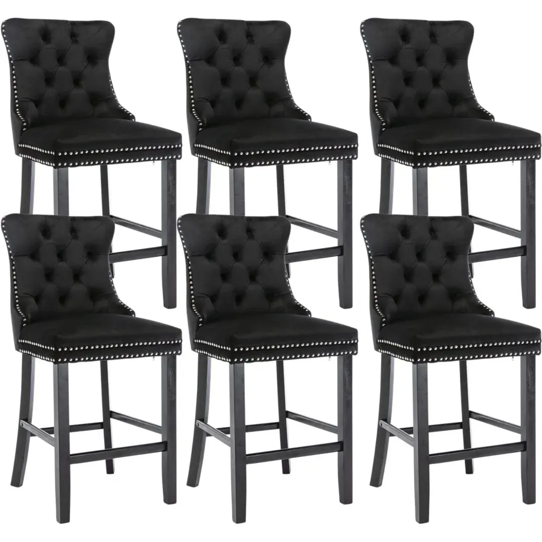 6X Velvet Bar Stools with Studs Trim Wooden Legs Tufted Dining Chairs Kitchen 6X Velvet Bar Stools with Studs Trim Wooden Legs Tufted Dining Chairs Kitchen