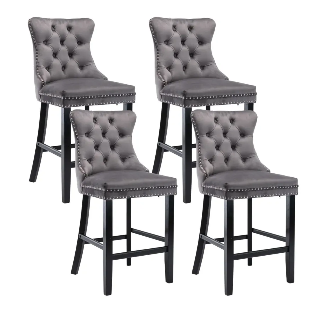 4X Velvet Bar Stools with Studs Trim Wooden Legs Tufted Dining Chairs Kitchen 4X Velvet Bar Stools with Studs Trim Wooden Legs Tufted Dining Chairs Kitchen