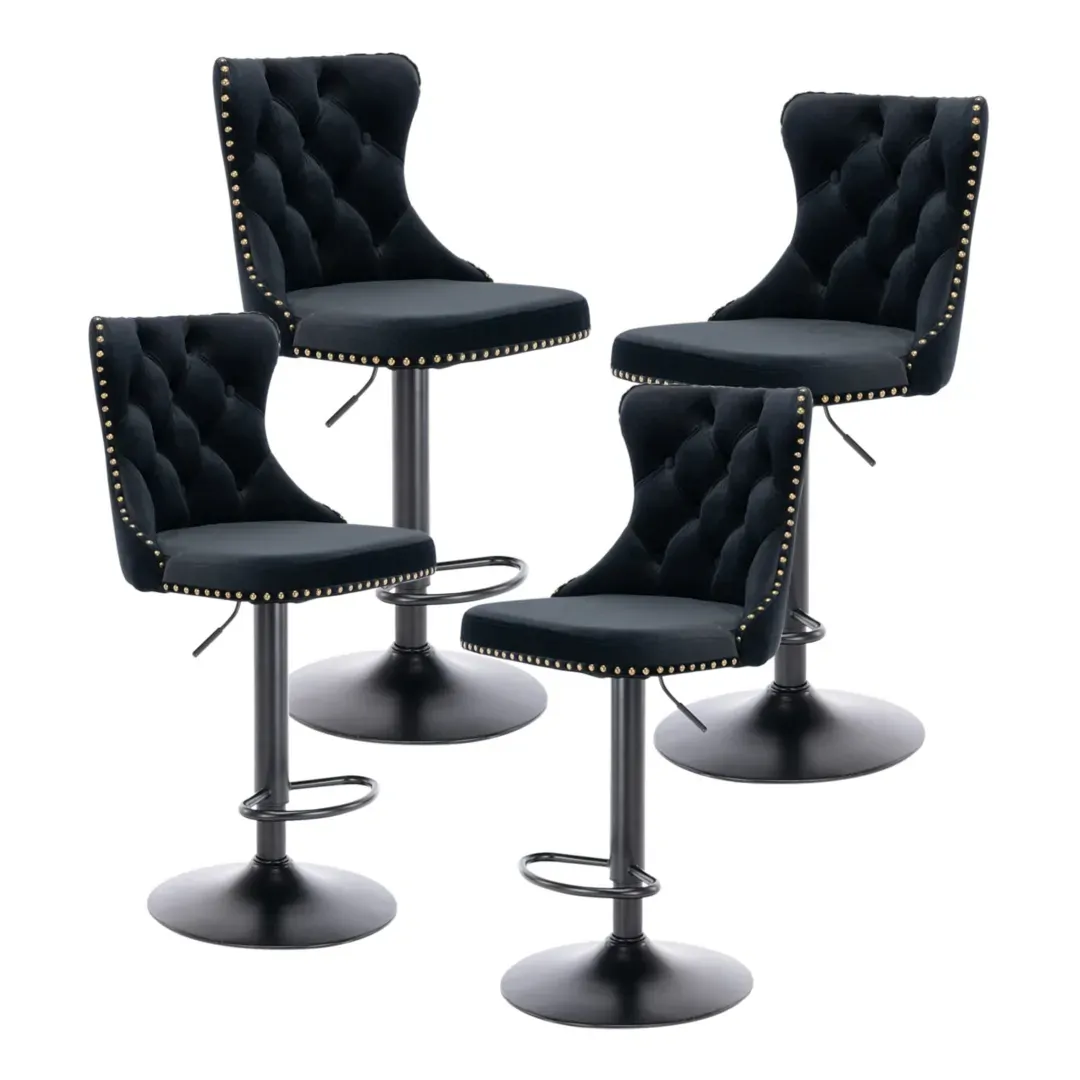4x Height Adjustable Swivel Bar Stool Velvet Nailhead Barstool with Footrest 4x Height Adjustable Swivel Bar Stool Velvet Nailhead Barstool with Footrest