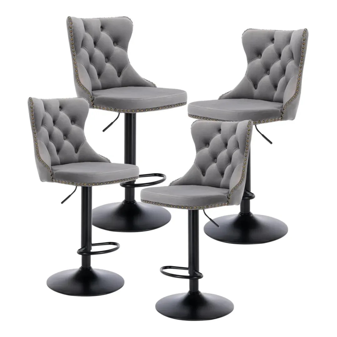 4x Height Adjustable Swivel Bar Stool Velvet Nailhead Barstool with Footrest 4x Height Adjustable Swivel Bar Stool Velvet Nailhead Barstool with Footrest