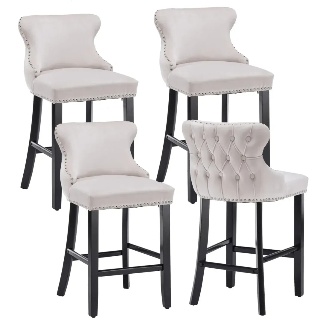 4x Velvet Upholstered Button Tufted Bar Stools with Wood Legs and Studs-Beige 4x Velvet Upholstered Button Tufted Bar Stools with Wood Legs and Studs-Beige