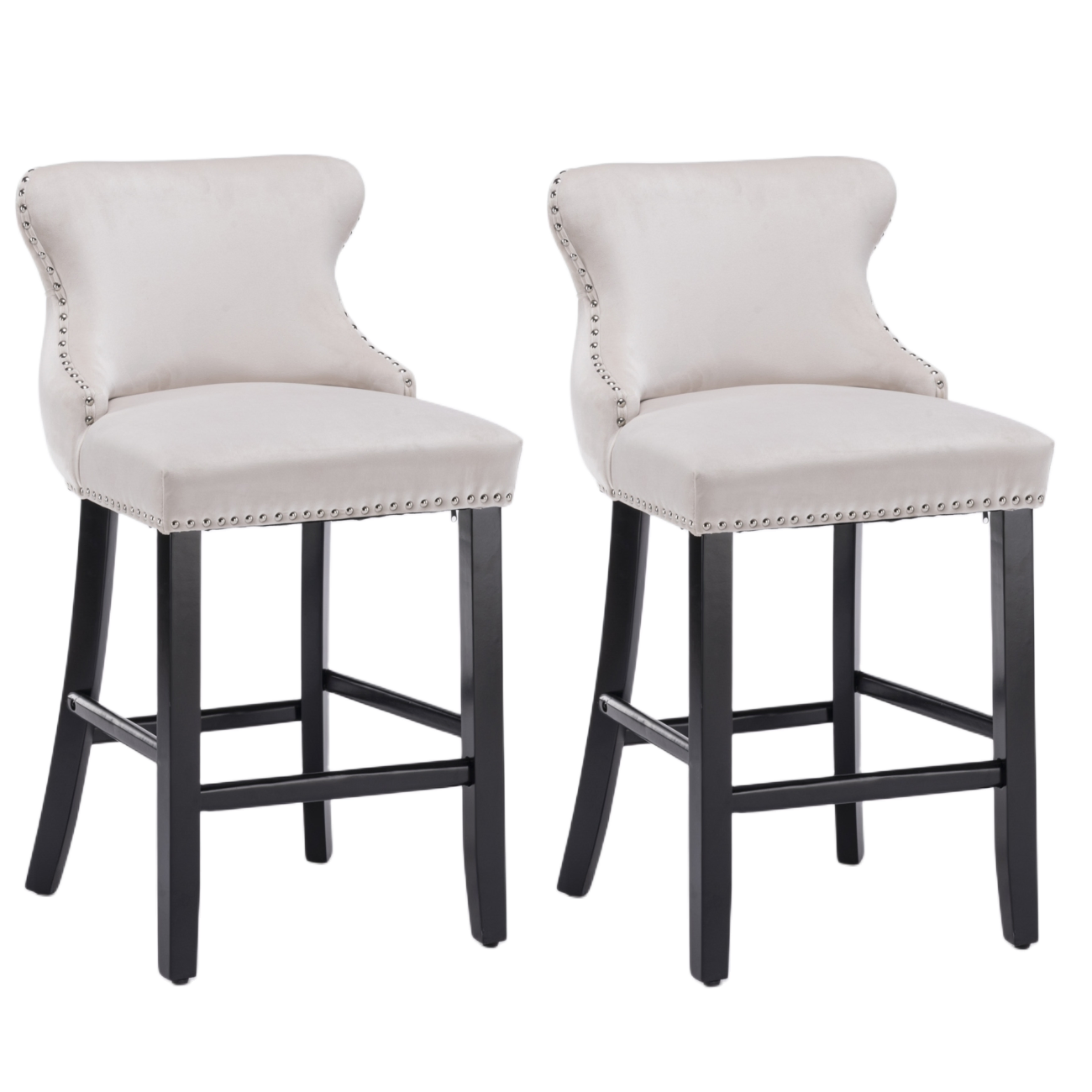 2x Velvet Upholstered Button Tufted Bar Stools with Wood Legs and Studs-Beige 2x Velvet Upholstered Button Tufted Bar Stools with Wood Legs and Studs-Beige