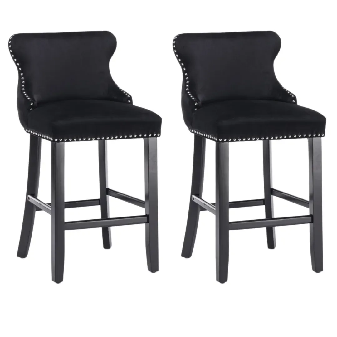 2x Velvet Upholstered Button Tufted Bar Stools with Wood Legs and Studs-Black 2x Velvet Upholstered Button Tufted Bar Stools with Wood Legs and Studs-Black
