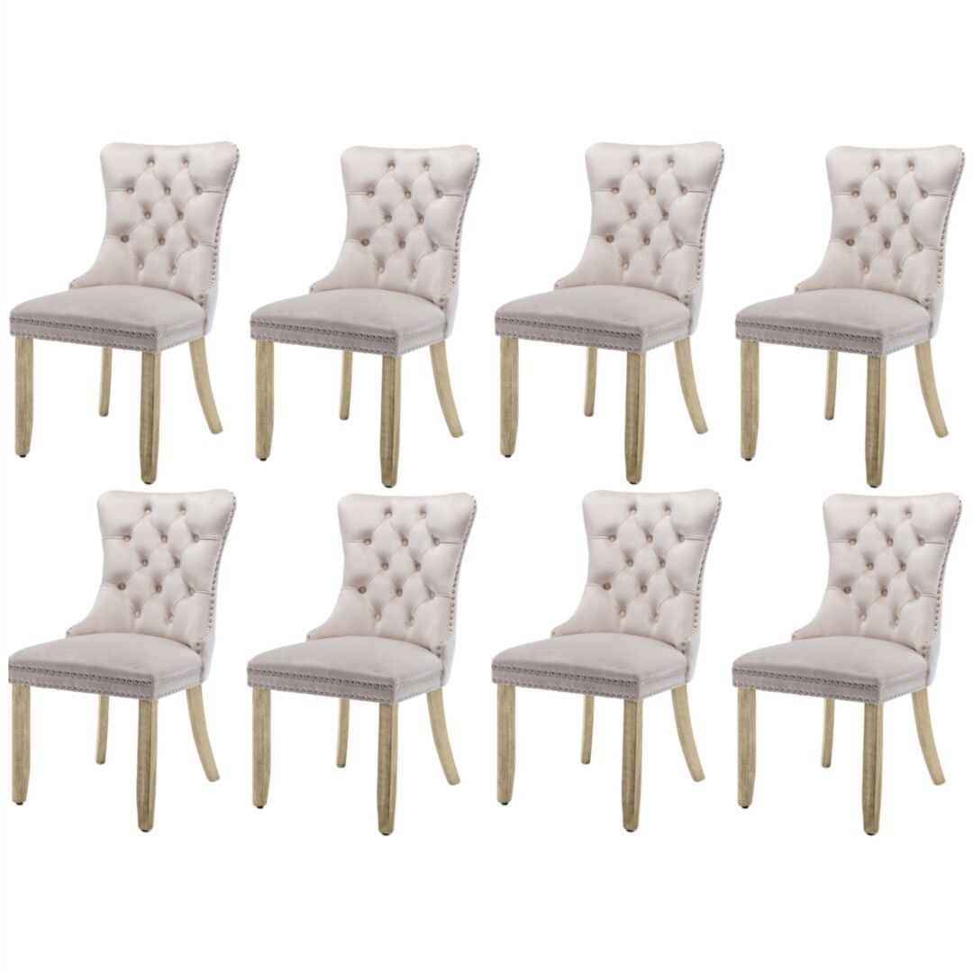 8x Velvet Dining Chairs Upholstered Tufted Kithcen Chair with Solid Wood Legs Stud Trim and Ring-Beige 8x Velvet Dining Chairs Upholstered Tufted Kithcen Chair with Solid Wood Legs Stud Trim and Ring-Beige