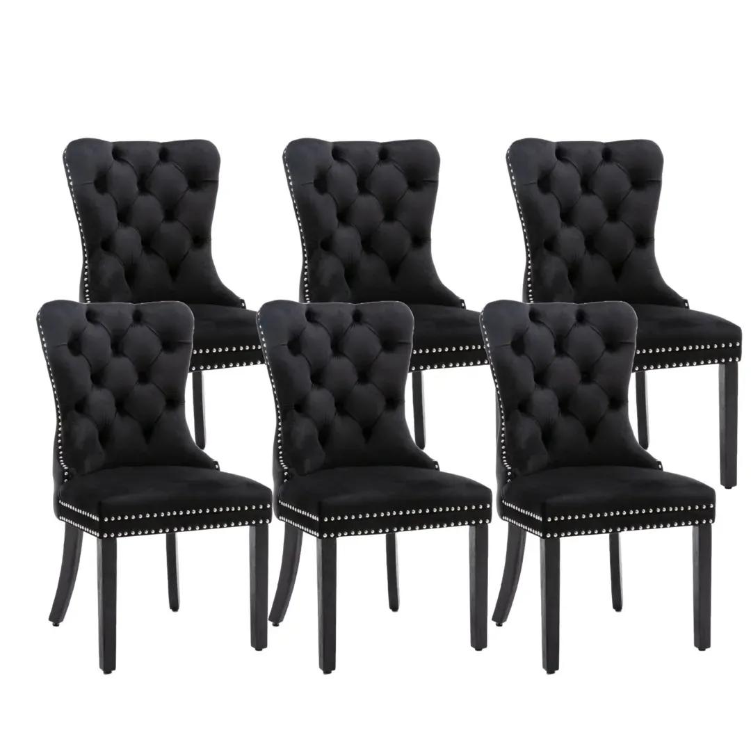 6x Velvet Dining Chairs Upholstered Tufted Kithcen Chair with Solid Wood Legs Stud Trim and Ring-Black 6x Velvet Dining Chairs Upholstered Tufted Kithcen Chair with Solid Wood Legs Stud Trim and Ring-Black