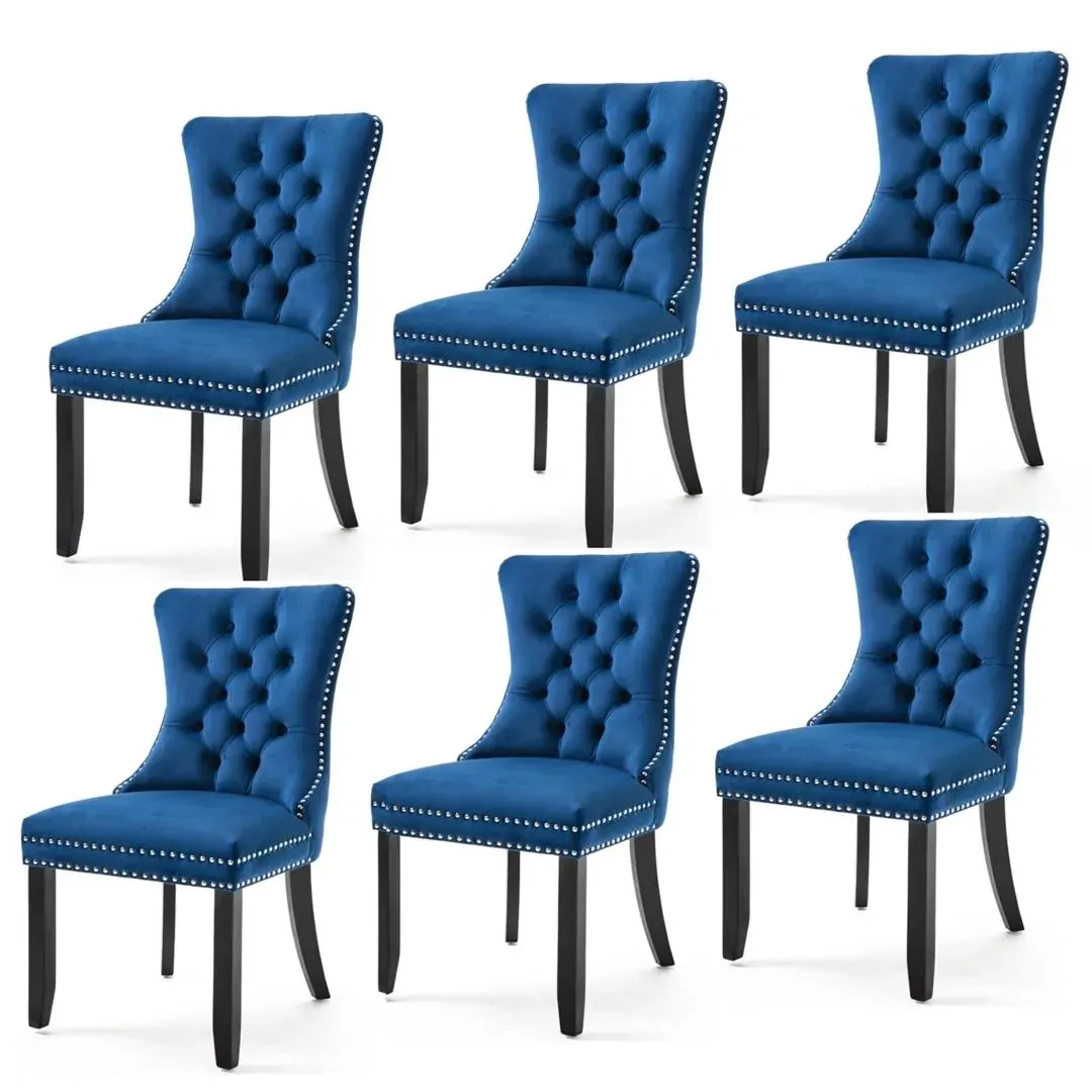 6x Velvet Dining Chairs Upholstered Tufted Kithcen Chair with Solid Wood Legs Stud Trim and Ring-Blue 6x Velvet Dining Chairs Upholstered Tufted Kithcen Chair with Solid Wood Legs Stud Trim and Ring-Blue
