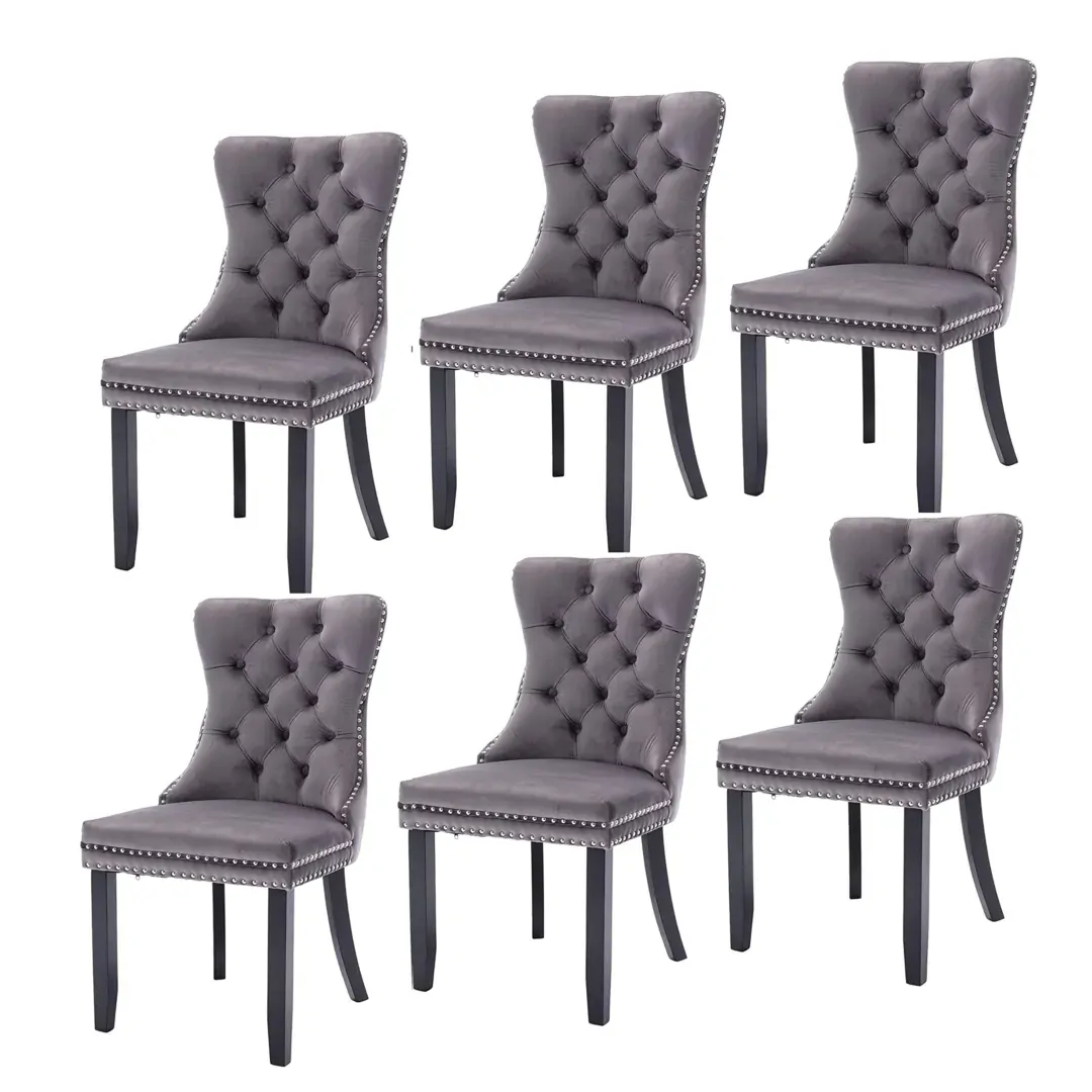 6x Velvet Dining Chairs Upholstered Tufted Kithcen Chair with Solid Wood Legs Stud Trim and Ring-Gray 6x Velvet Dining Chairs Upholstered Tufted Kithcen Chair with Solid Wood Legs Stud Trim and Ring-Gray