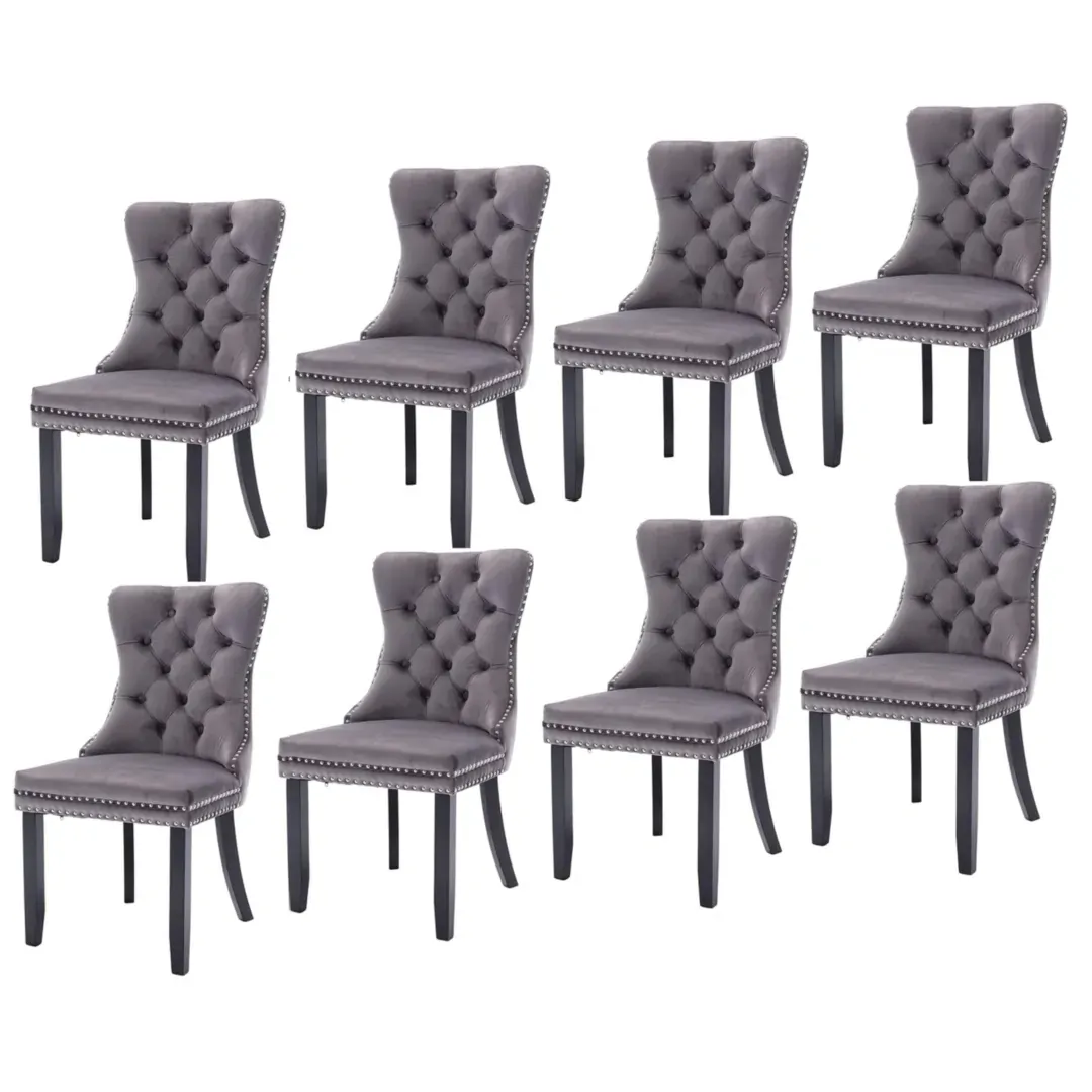 8x Velvet Dining Chairs Upholstered Tufted Kithcen Chair with Solid Wood Legs Stud Trim and Ring-Gray 8x Velvet Dining Chairs Upholstered Tufted Kithcen Chair with Solid Wood Legs Stud Trim and Ring-Gray