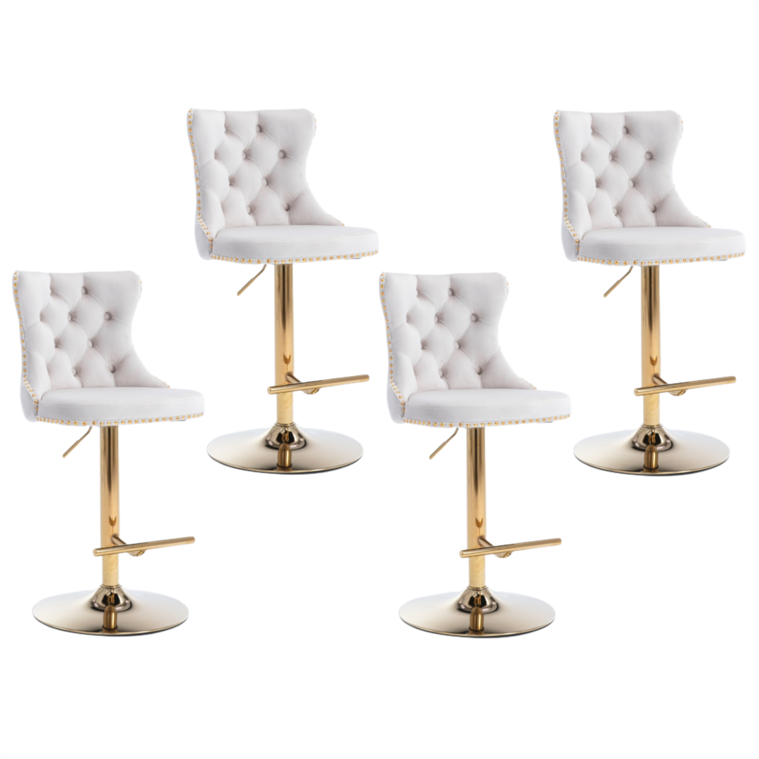 4x Height Adjustable Swivel Bar Stool Velvet Studs Barstool with Footrest and Golden Base- Beige 4x Height Adjustable Swivel Bar Stool Velvet Studs Barstool with Footrest and Golden Base- Beige