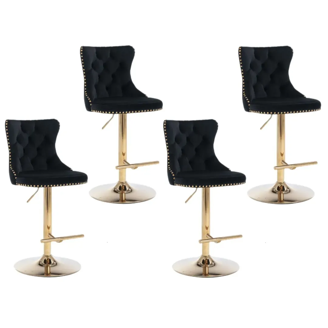 4x Height Adjustable Swivel Bar Stool Velvet Studs Barstool with Footrest and Golden Base- Black 4x Height Adjustable Swivel Bar Stool Velvet Studs Barstool with Footrest and Golden Base- Black