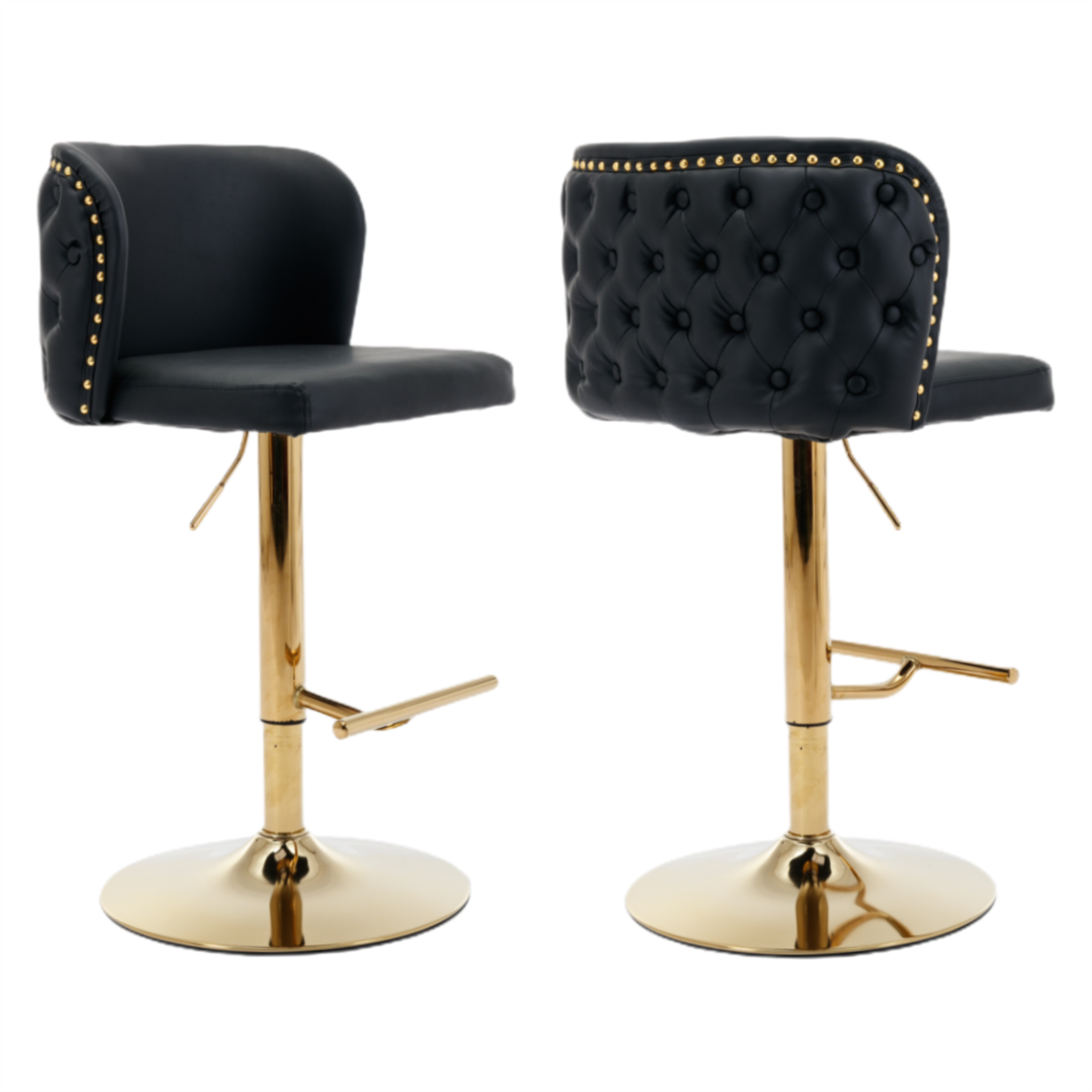 2x Faux Leather Golden Base Swivel Bar Stools- Black 2x Faux Leather Golden Base Swivel Bar Stools- Black