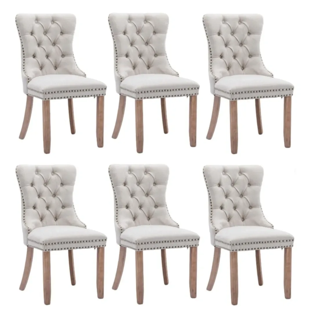 6x AADEN Modern Elegant Button-Tufted Upholstered Fabric with Studs Trim and Wooden legs Dining Side Chair-Beige 6x AADEN Modern Elegant Button-Tufted Upholstered Fabric with Studs Trim and Wooden legs Dining Side Chair-Beige