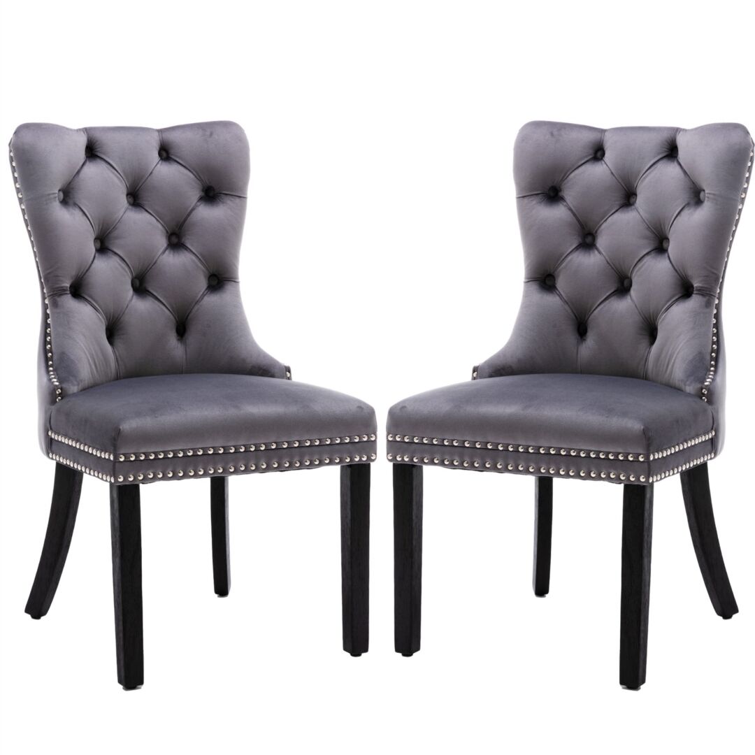 2x Velvet Dining Chairs Upholstered Tufted Kithcen Chair with Solid Wood Legs Stud Trim and Ring-Gray 2x Velvet Dining Chairs Upholstered Tufted Kithcen Chair with Solid Wood Legs Stud Trim and Ring-Gray