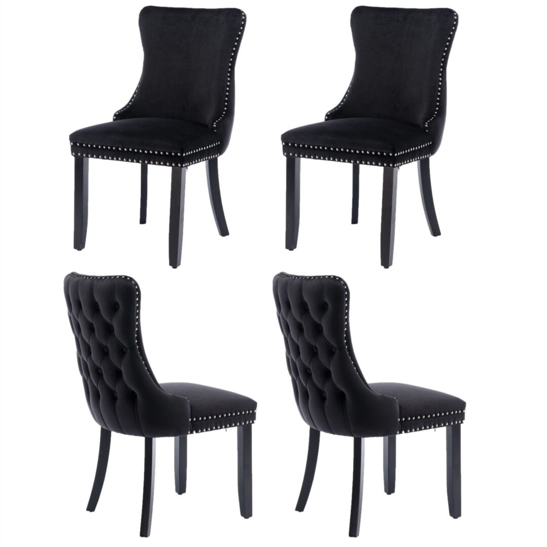 4x Velvet Upholstered Dining Tufted Chairs with Studs Trim and Solid Wood Legs-Black 4x Velvet Upholstered Dining Tufted Chairs with Studs Trim and Solid Wood Legs-Black