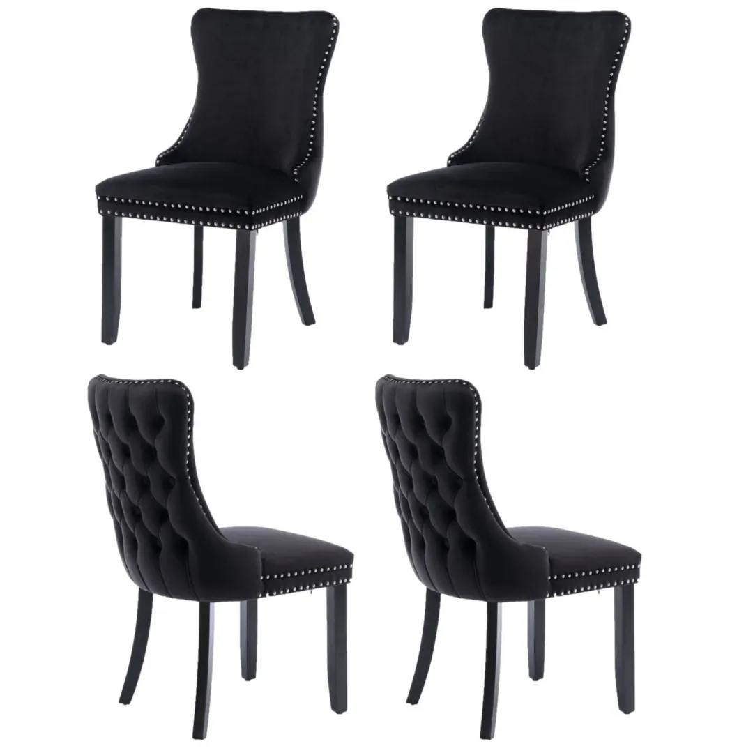 4x Velvet Upholstered Dining Chairs Tufted Wingback Side Chair with Studs Trim Solid Wood Legs for Kitchen 4x Velvet Upholstered Dining Chairs Tufted Wingback Side Chair with Studs Trim Solid Wood Legs for Kitchen