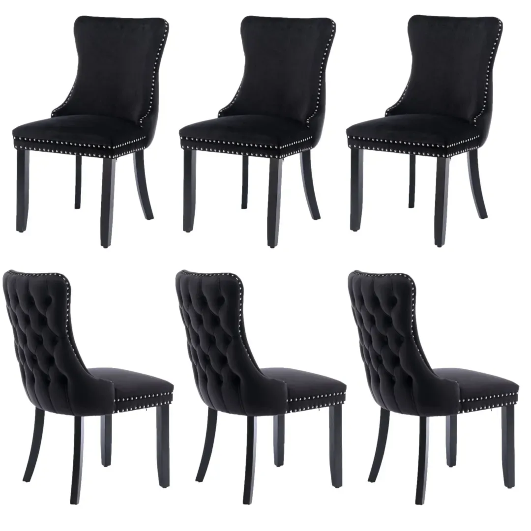 6x Velvet Upholstered Dining Chairs Tufted Wingback Side Chair with Studs Trim Solid Wood Legs for Kitchen 6x Velvet Upholstered Dining Chairs Tufted Wingback Side Chair with Studs Trim Solid Wood Legs for Kitchen