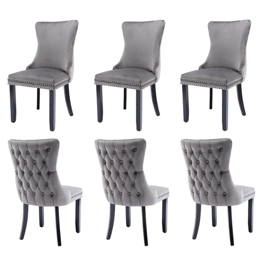 6x Velvet Upholstered Dining Chairs Tufted Wingback Side Chair with Studs Trim Solid Wood Legs for Kitchen 6x Velvet Upholstered Dining Chairs Tufted Wingback Side Chair with Studs Trim Solid Wood Legs for Kitchen