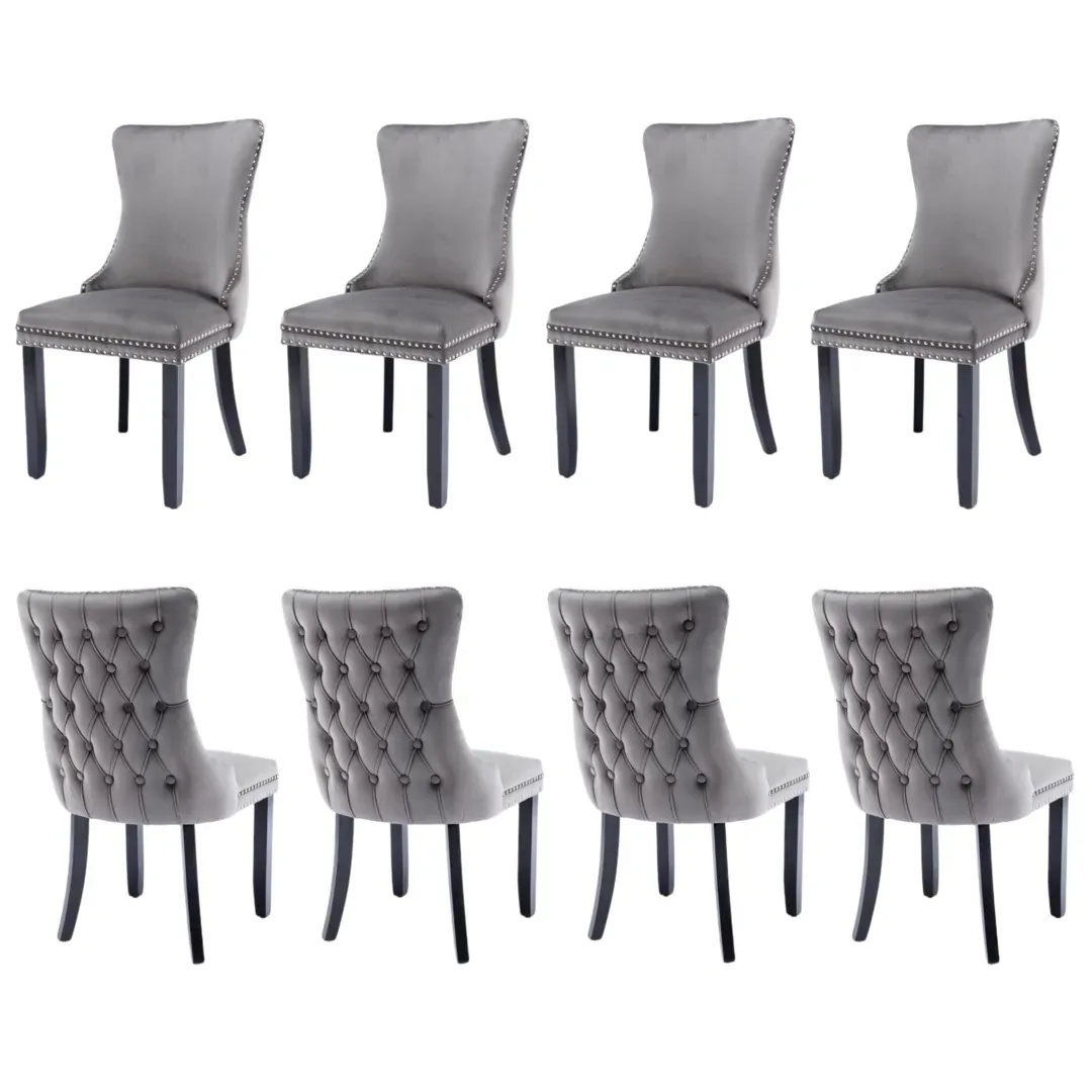 8x Velvet Upholstered Dining Chairs Tufted Wingback Side Chair with Studs Trim Solid Wood Legs for Kitchen 8x Velvet Upholstered Dining Chairs Tufted Wingback Side Chair with Studs Trim Solid Wood Legs for Kitchen