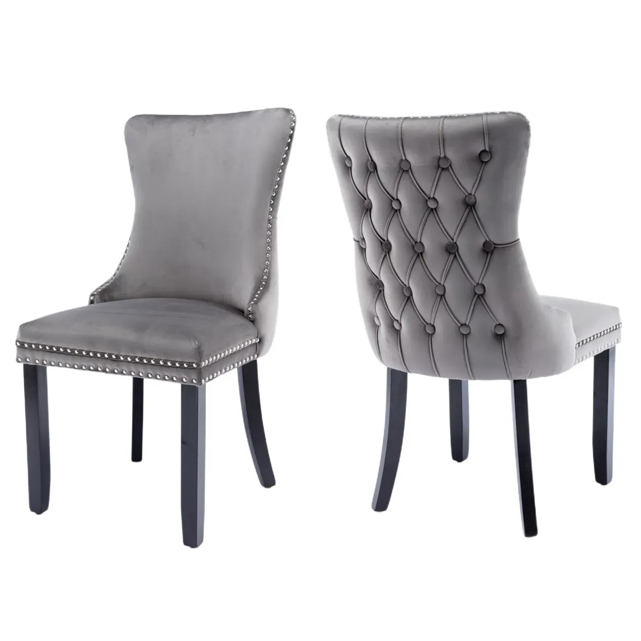 2x Velvet Upholstered Dining Chairs Tufted Wingback Side Chair with Studs Trim Solid Wood Legs for Kitchen 2x Velvet Upholstered Dining Chairs Tufted Wingback Side Chair with Studs Trim Solid Wood Legs for Kitchen
