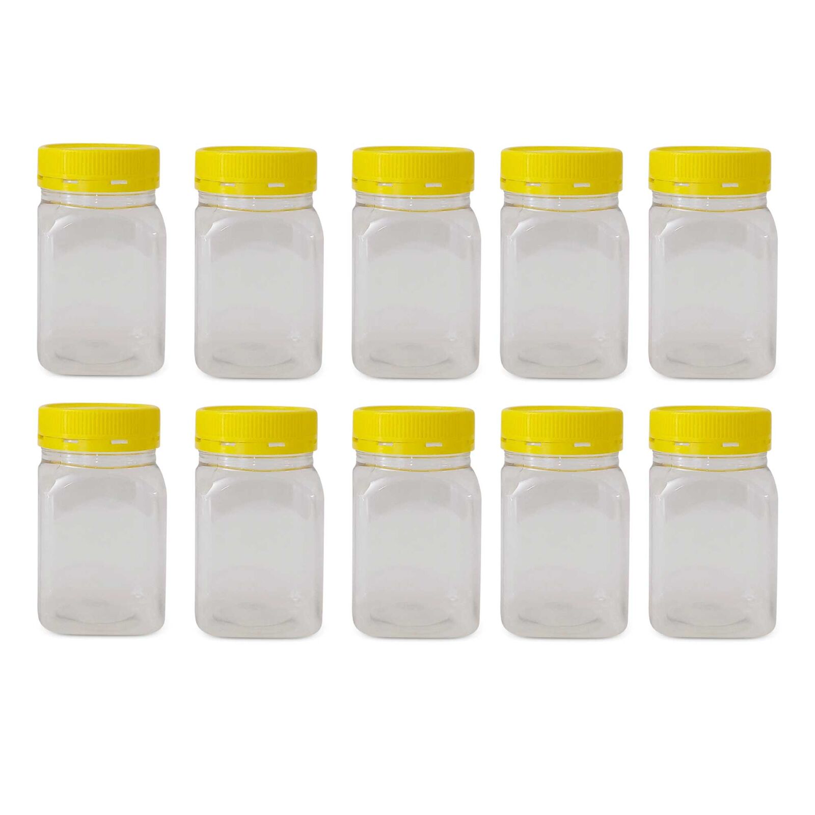 10x 500g Plastic Honey Jars + Lids - Square Clear Food Grade Packaging Containers 10x 500g Plastic Honey Jars + Lids - Square Clear Food Grade Packaging Containers