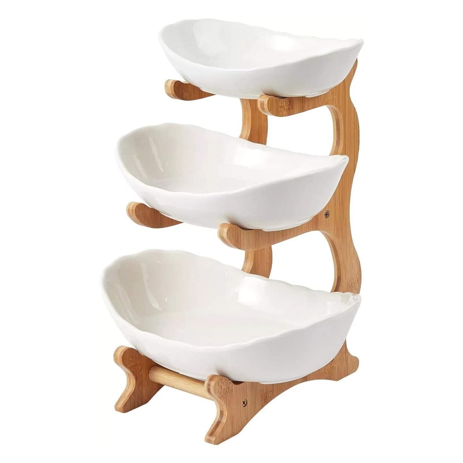 3 Tier Porcelain Fruit Bowl - Ceramic Vegetable Storage With Bamboo Stand 3 Tier Porcelain Fruit Bowl - Ceramic Vegetable Storage With Bamboo Stand