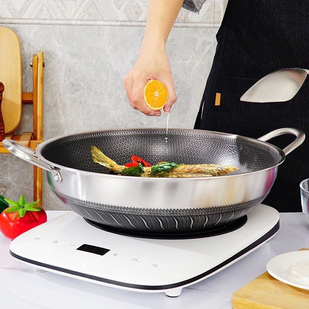 304 Stainless Steel 34cm Double Ear Non-Stick Stir Fry Cooking Kitchen Wok Pan Without Lid Honeycomb Double Sided 304 Stainless Steel 34cm Double Ear Non-Stick Stir Fry Cooking Kitchen Wok Pan Without Lid Honeycomb Double Sided