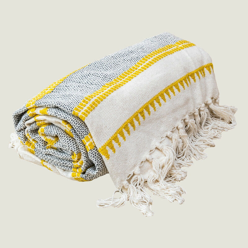 Woven Jacquard Tassel Natural Yellow Stripe Bed Sofa Throw 127 x 152 cm Woven Jacquard Tassel Natural Yellow Stripe Bed Sofa Throw 127 x 152 cm