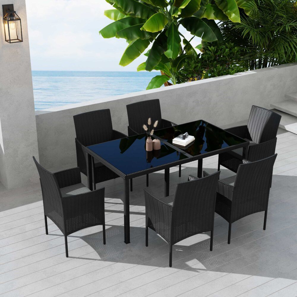 Outdoor Minimalist Black Wicker 6-Seater Dining Set Outdoor Minimalist Black Wicker 6-Seater Dining Set