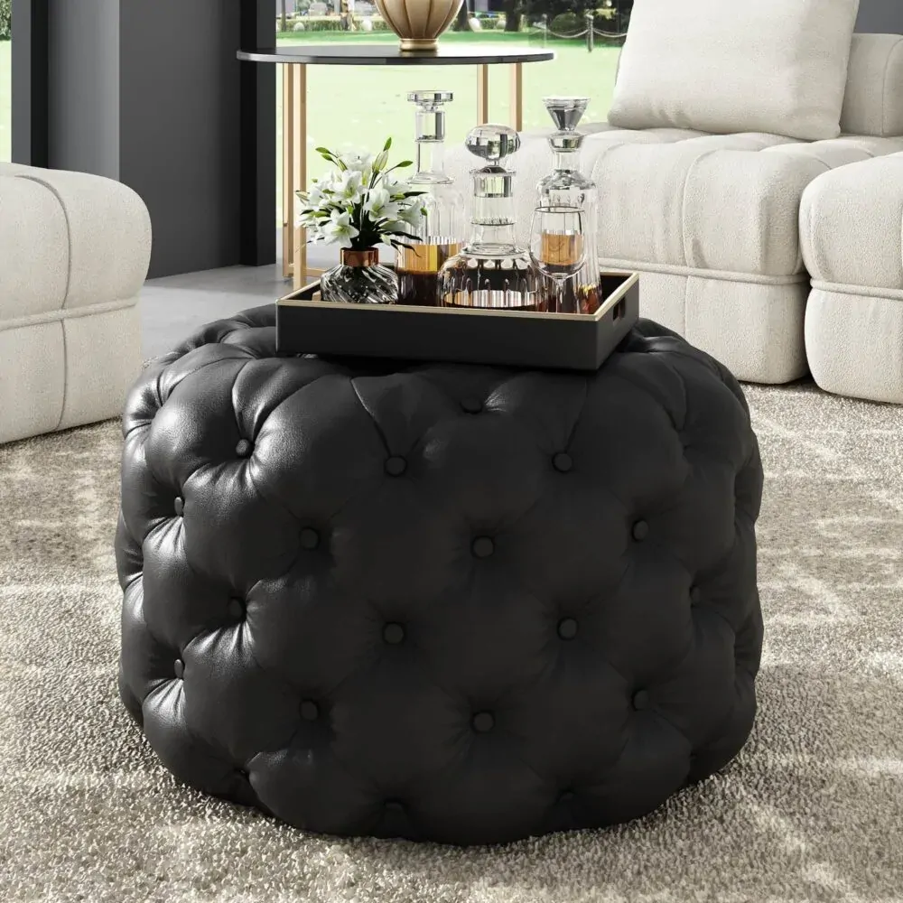 Contemporary Black Leather-look Ottoman with Button Contemporary Black Leather-look Ottoman with Button