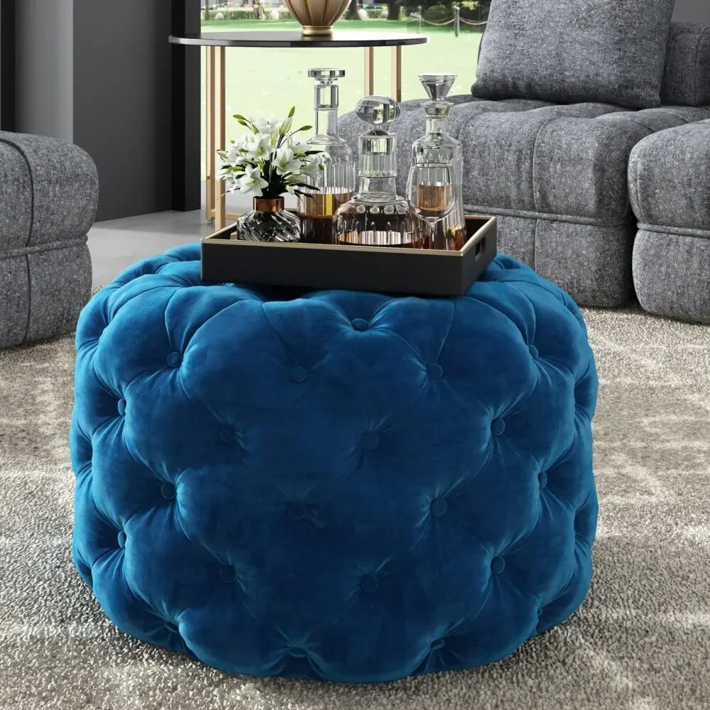 Round Velvet Ottoman in Navy Round Velvet Ottoman in Navy