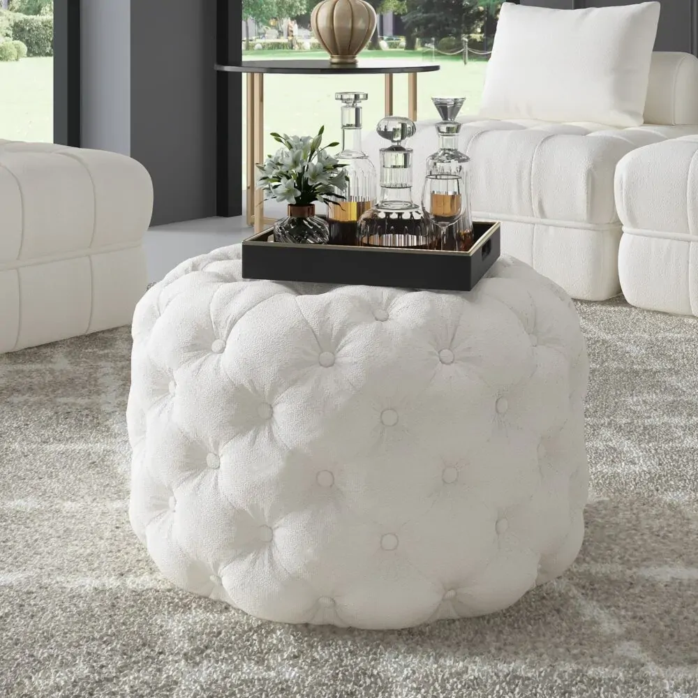 Boucle White Ottoman-Round Boucle White Ottoman-Round
