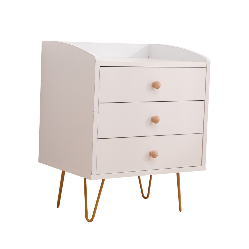 Winston 3-Drawer Nightstand Bedside Table with Gold Steel Legs Tray Top White Winston 3-Drawer Nightstand Bedside Table with Gold Steel Legs Tray Top White