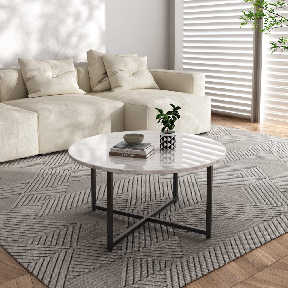 White Marble Effect Round Coffee Table with Black Legs White Marble Effect Round Coffee Table with Black Legs