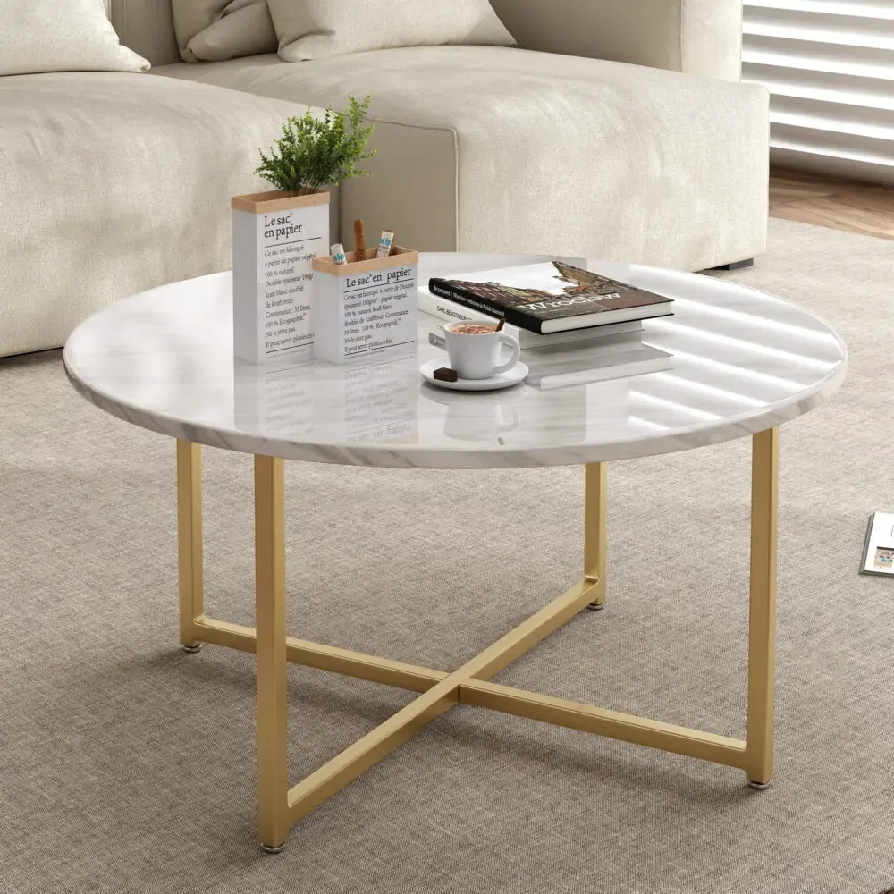 White Marble Effect Round Coffee Table with Gold Legs White Marble Effect Round Coffee Table with Gold Legs