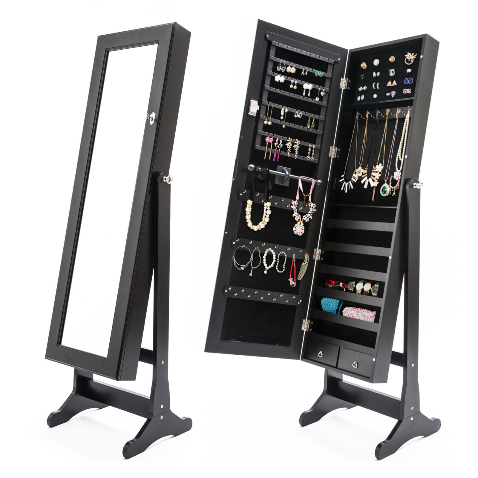 Mirror Jewellery Cabinet Organiser 2 Drawers LOWE 146cm BLACK Mirror Jewellery Cabinet Organiser 2 Drawers LOWE 146cm BLACK