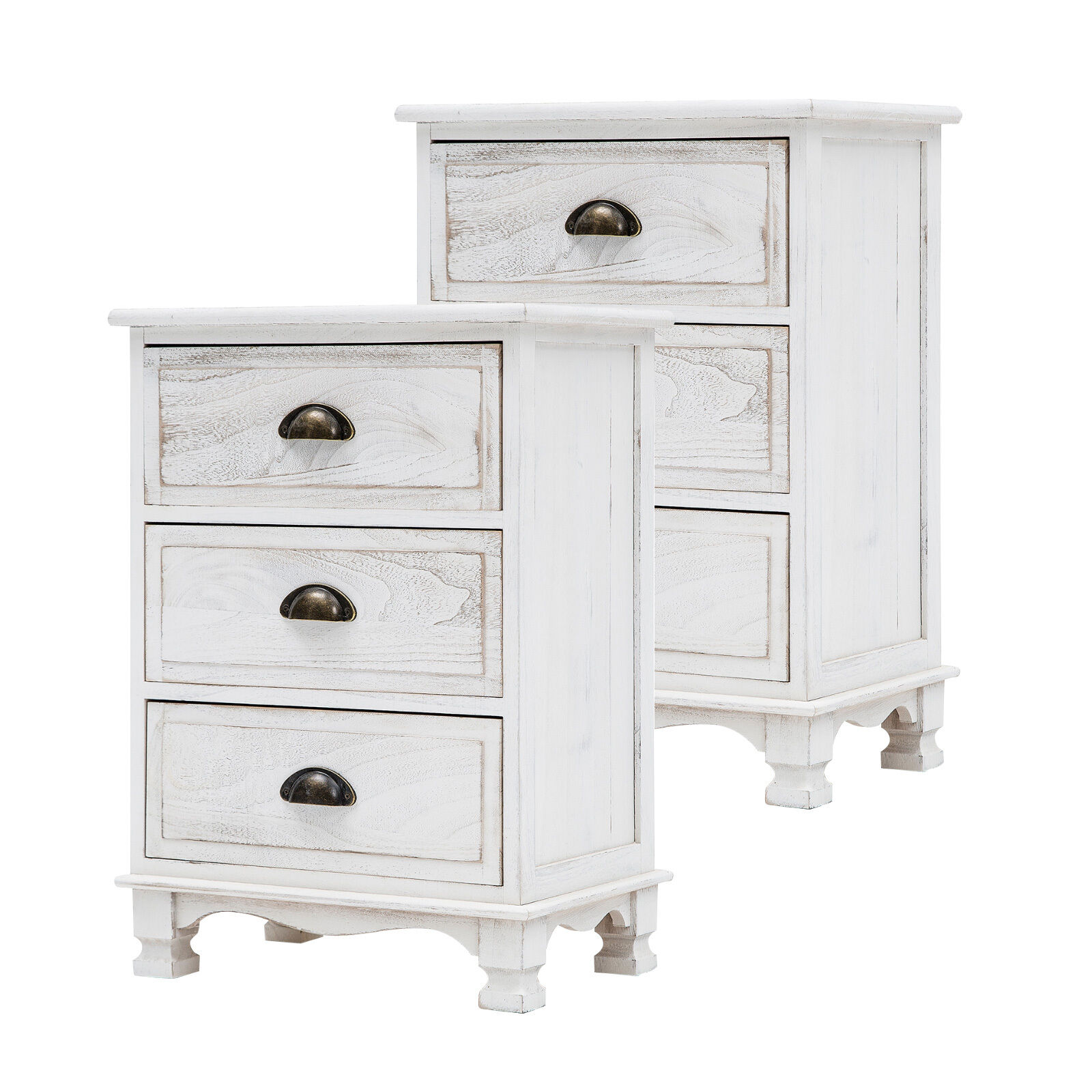 2X Bedside Table 3 Drawer Vintage Side Table Storage Cabinet Bedroom CLARA WHITE 2X Bedside Table 3 Drawer Vintage Side Table Storage Cabinet Bedroom CLARA WHITE
