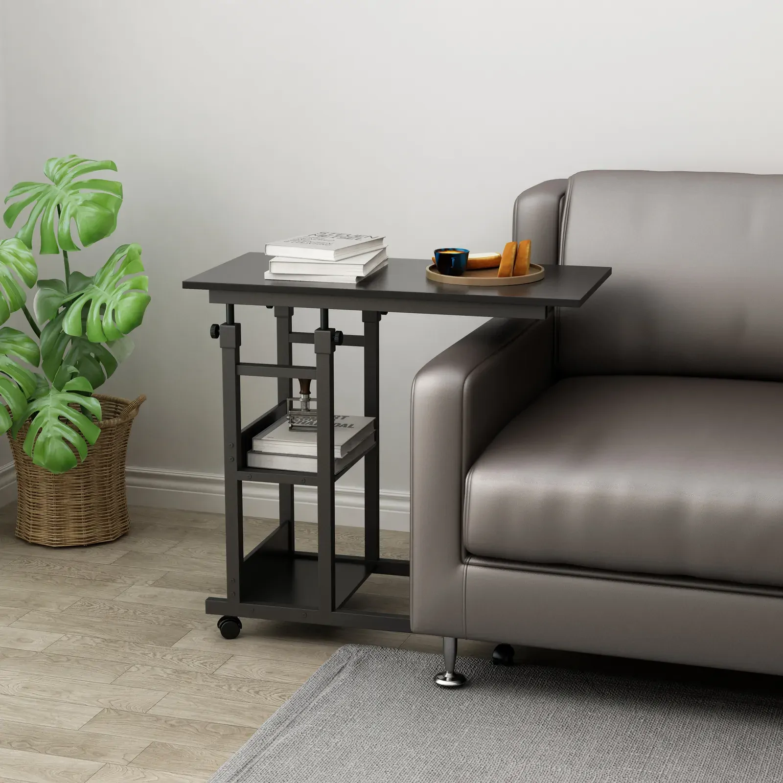 Side Table with Storage Shelves, Height Adjustable Sofa Couch Coffee End Table Bedside Table Laptop Desk with Wheels Side Table with Storage Shelves, Height Adjustable Sofa Couch Coffee End Table Bedside Table Laptop Desk with Wheels