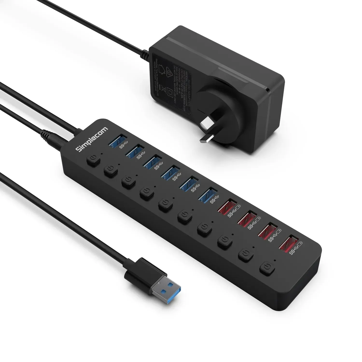 Simplecom CHU810 48W 10-Port USB 3.0 Hub and Charger with Individual Switches 12V/4A Power Adapter BC1.2 Fast Charging Simplecom CHU810 48W 10-Port USB 3.0 Hub and Charger with Individual Switches 12V/4A Power Adapter BC1.2 Fast Charging