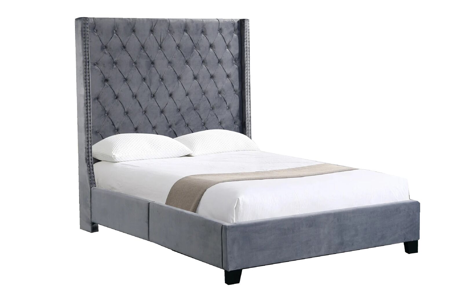 Ella Grey Velvet Winged Bed 180cm - Queen Ella Grey Velvet Winged Bed 180cm - Queen
