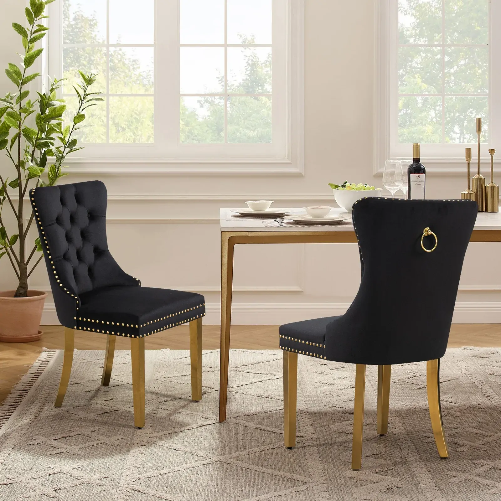 Set of 2 -Alsea Velvet & Polished Steel Dining Chairs Upholstered Tufted Stud Trim and Ring - 2 Colours Set of 2 -Alsea Velvet & Polished Steel Dining Chairs Upholstered Tufted Stud Trim and Ring - 2 Colours