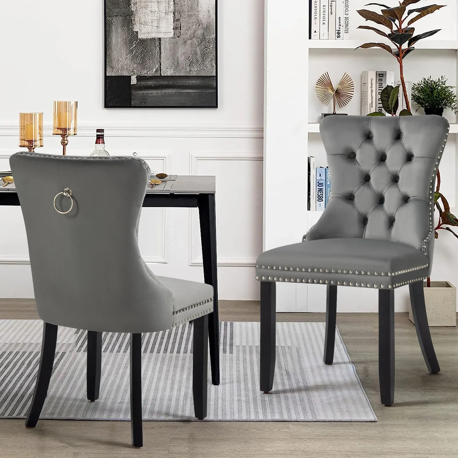 Set of 2 - Alsea Dark Grey Velvet & Black Rubberwood Dining Chairs Upholstered Tufted Stud Trim and Ring Set of 2 - Alsea Dark Grey Velvet & Black Rubberwood Dining Chairs Upholstered Tufted Stud Trim and Ring