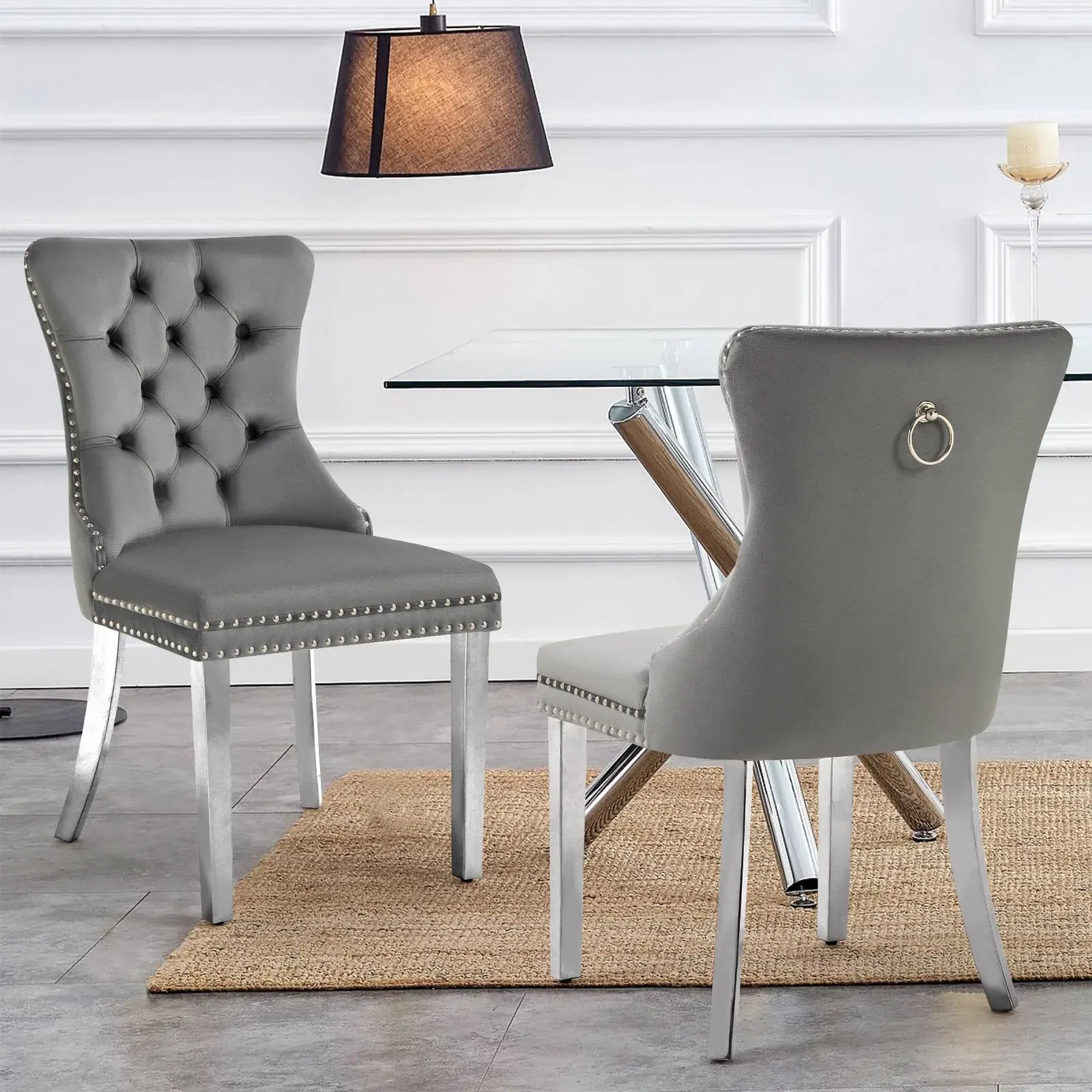 Set of 2 -Alsea Dark Grey Velvet & Silver Steel Dining Chairs Upholstered Tufted Stud Trim and Ring Set of 2 -Alsea Dark Grey Velvet & Silver Steel Dining Chairs Upholstered Tufted Stud Trim and Ring