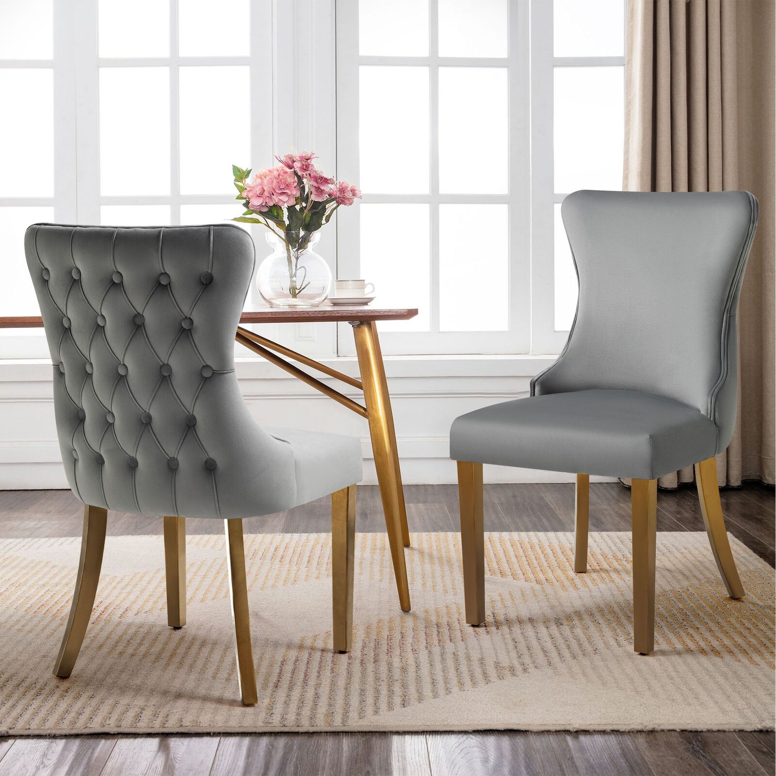 Paris Dark Grey Velvet & Gold Polished Steel Upholstered Dining Chairs Tufted Back - Set of 2 Paris Dark Grey Velvet & Gold Polished Steel Upholstered Dining Chairs Tufted Back - Set of 2