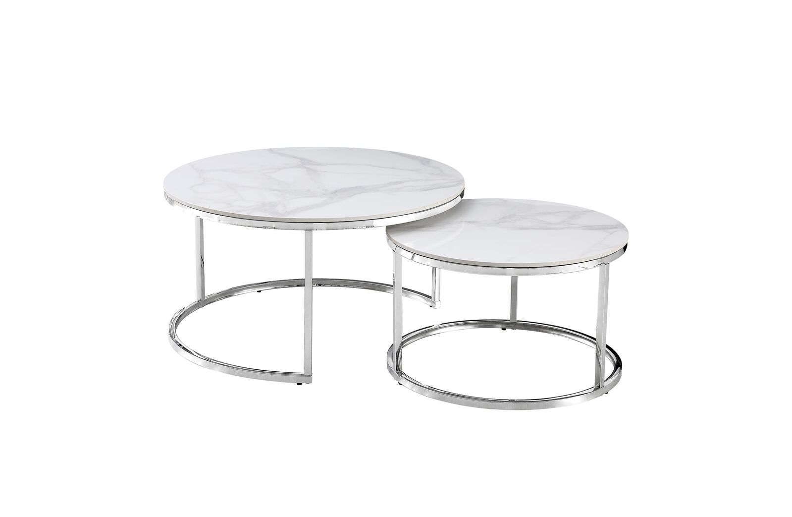 Nesting Style Coffee Table - White on Silver Stainless Steel - 80cm/60cm Nesting Style Coffee Table - White on Silver Stainless Steel - 80cm/60cm